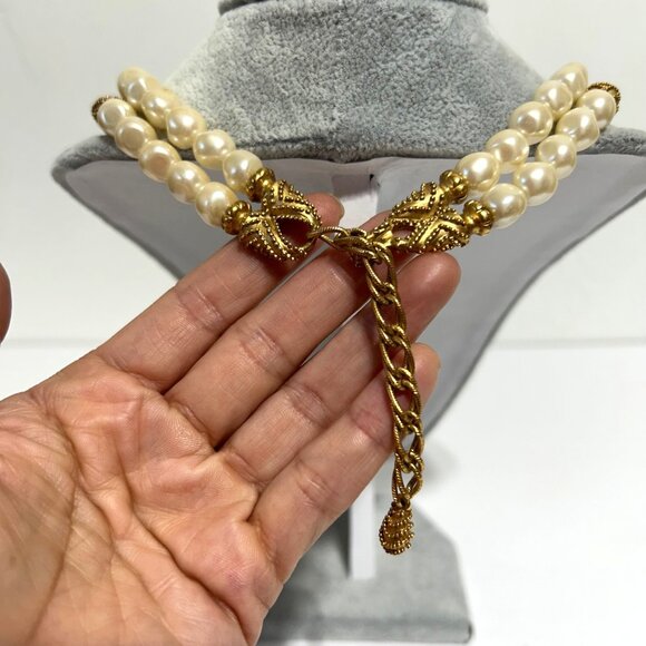Vintage 1988 FM Double-Strand Faux Pearl Gold Tone Braided Necklace - Picture 7 of 11